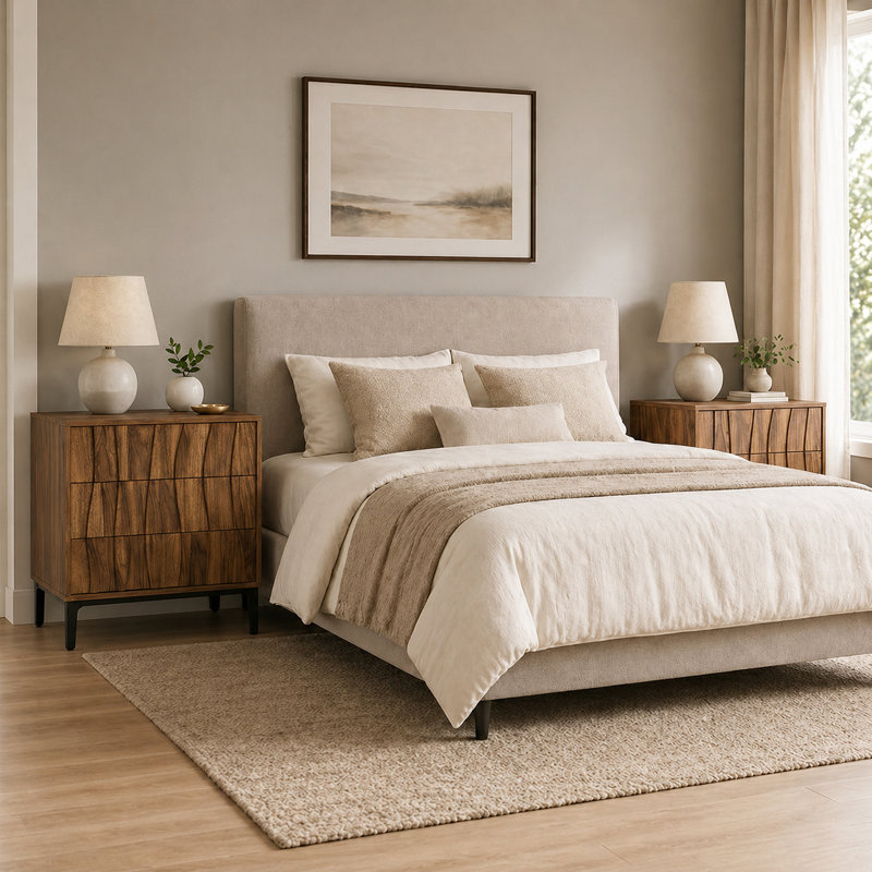 Mid-Century Modern 3-Drawer Nightstand with Textured Wood Fronts, Set of 2, Brown