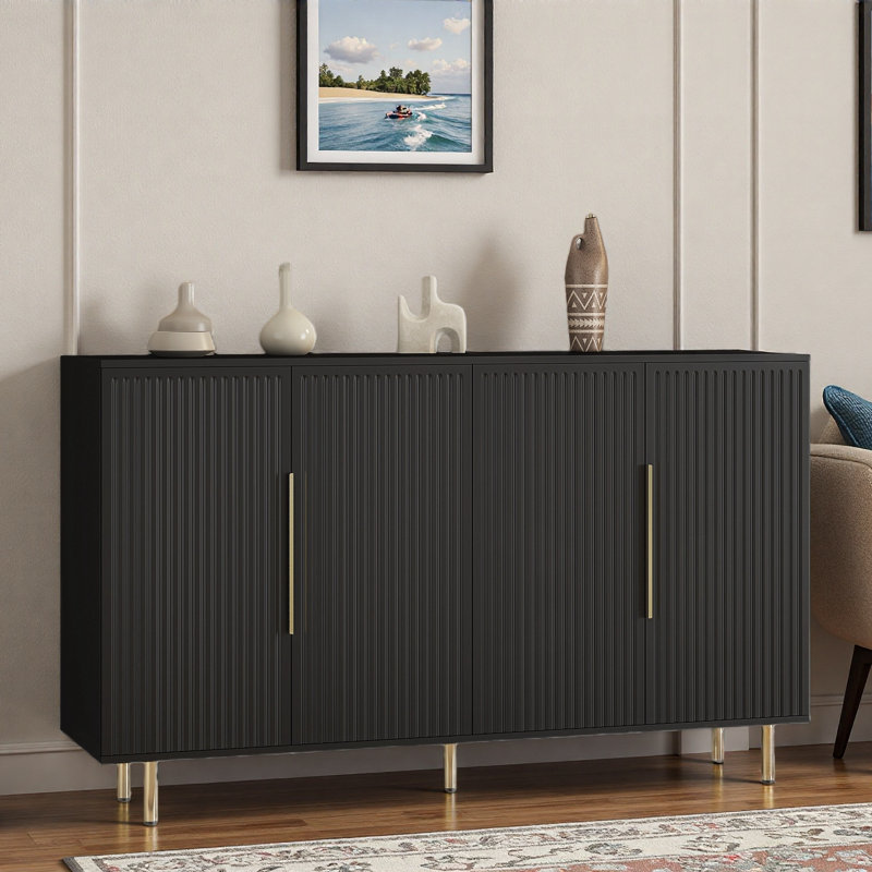 Sideboard With Adjustable Shelves And 4 Doors Fluted Panel, Black