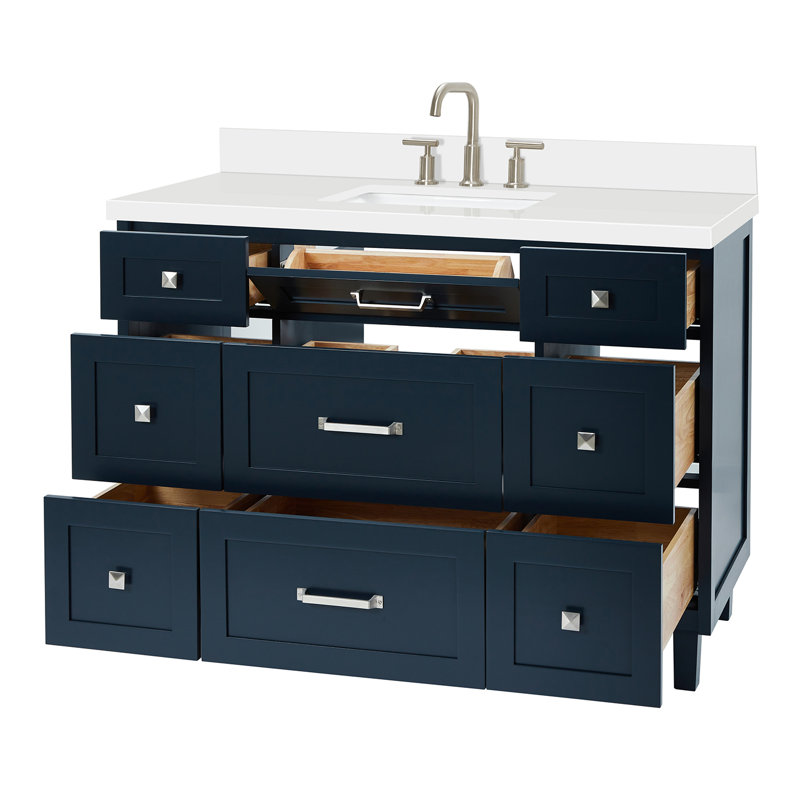 ARIEL Monroe 61 Single Sink Bathroom Vanity with Pure Quartz Top, 61", Brushed Brass, Midnight Blue