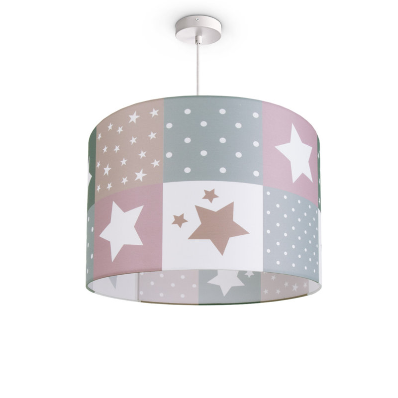 Drum pendant lamp 1-light Caton, White, Pink/Grey/Green/White, 27cm H x 45.5cm W x 45.5cm D