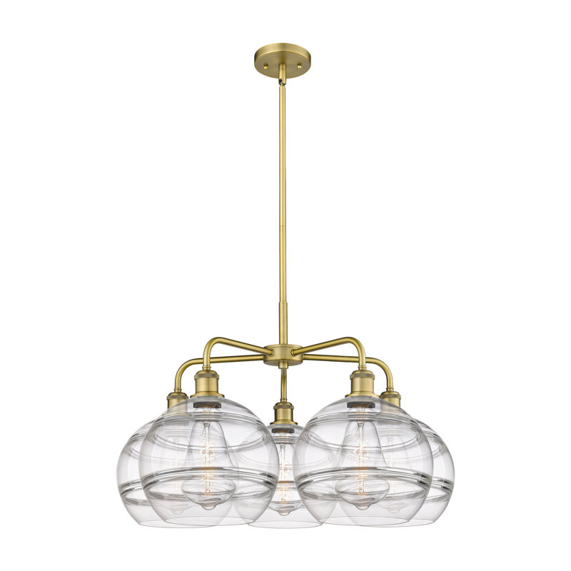 Lustre rond / ovale à abat-jour 5 lumières, Transparent, Laiton brossé, H 17,13 po x l 28 po x P 28 po
