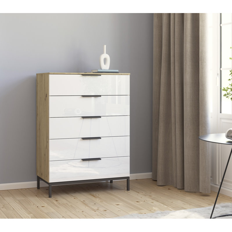 Flipp 5 - Drawer Chest of Drawers, Artisan Oak/White Glass/Graphite