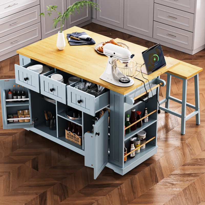 53Inch Rolling Kitchen Island - Equipped With Internal Storage, Power Supply, And Foldable Drop Leaf For Outlet Storage Cart Adjustable