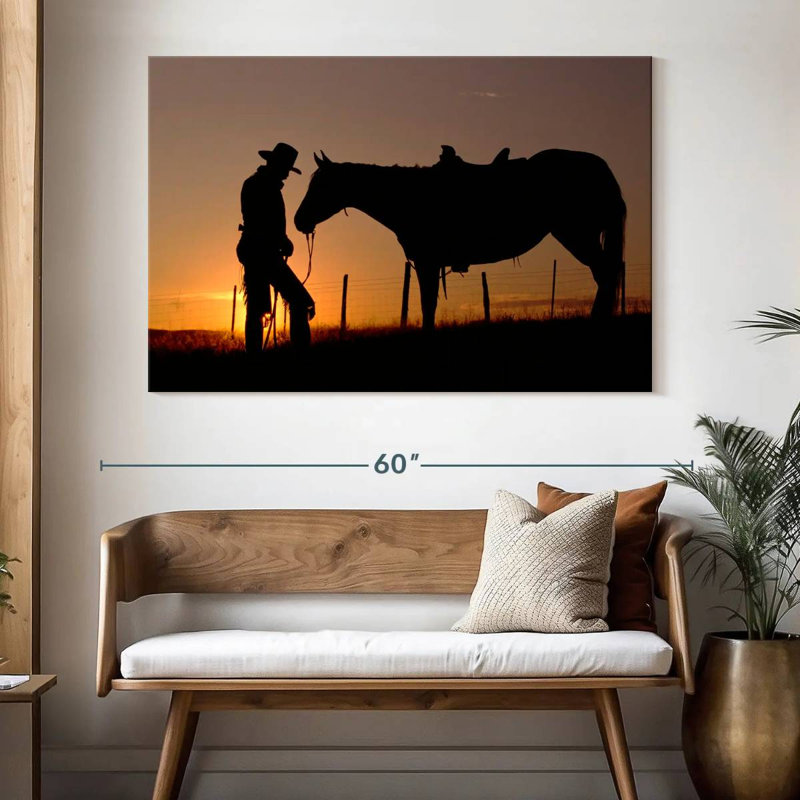 Lelar Cowboy debout avec son cheval, H 34 po x l 51 po