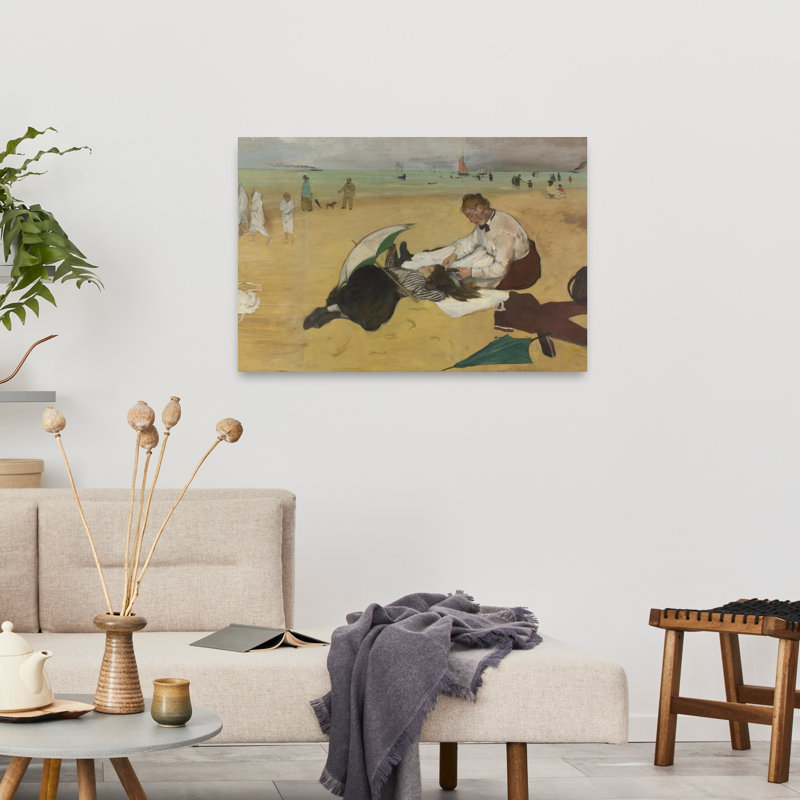 Scène de plage, vers 1869-1870, estampe impressionniste contemporaine représentant une plage estivale., H 24 po x l 36 po