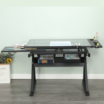 Adjustable Glass Top Drafting Table with Height & Angle Control, Large Storage