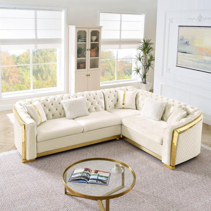 Beige 106 Inches L-Shaped Sectional With Gold Stainless Steel Accents, Velvet Button Luxury Couch, 5 Seats, Pillows, High Sponge For Relaxation In , Soft Seating, Modern Style Living Area