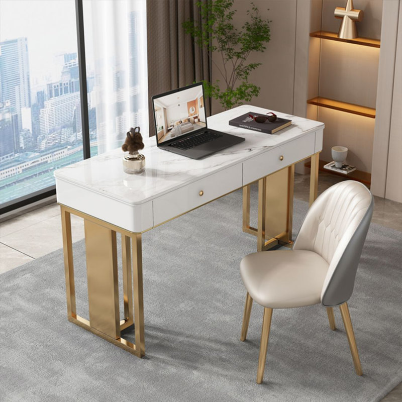 Bureau moderne moderne en tôle de roche avec tiroirs, Blanc ; doré