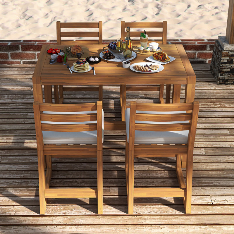 Ensemble 5 pièces de table de bar rustique avec chaises ergonomiques C Coussin amovible T Teck clair et beige） op Plateau de table à lattes en bois massif pour bord de piscine, balcon, cour arrière, porche
