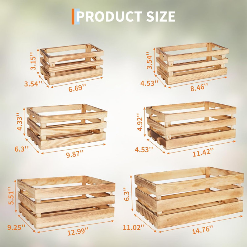 Set of 6 Rustic Wooden Crates, Stackable Nesting Storage Boxes with Handles for Display and Organization, Natural Wood