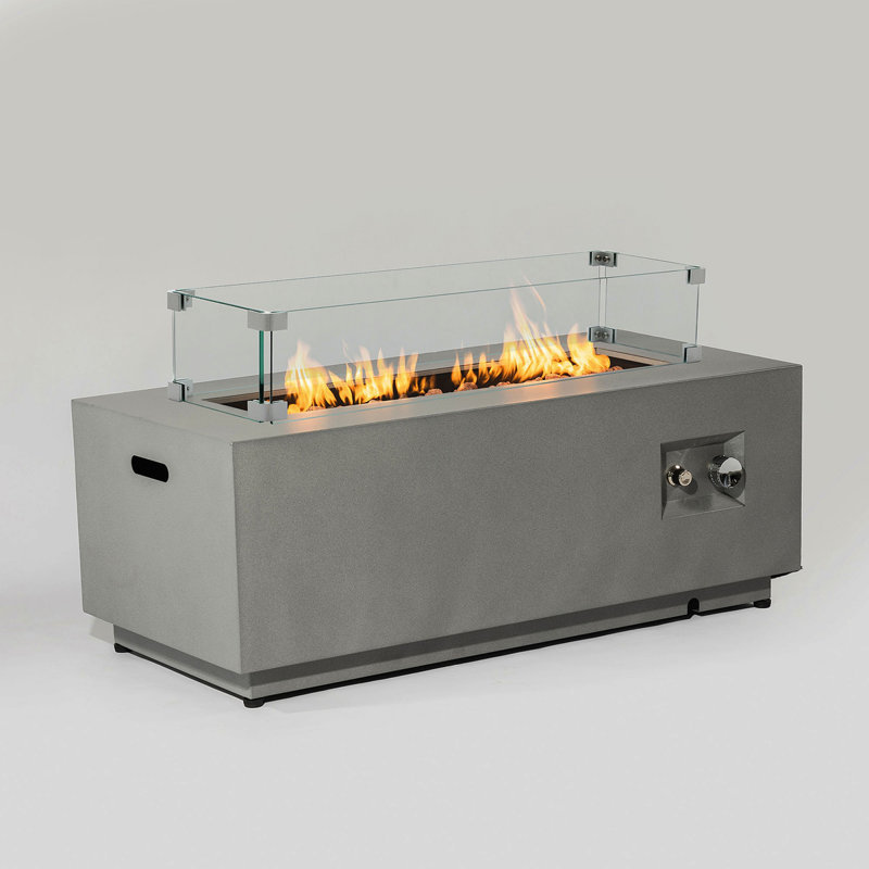 42" Propane Gas Fire Pit Table 2-Pieces, 50000 BTU Rectangular Steel Fire Pit With Glass Wind Guard For Outside Patio Deck Garden Courtyard -Gray