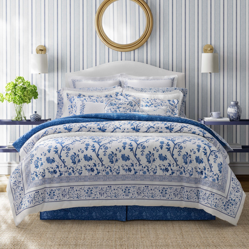 Laura Ashley Charlotte Cotton Reversible Blue Comforter Set, King Comforter + 2 King Shams