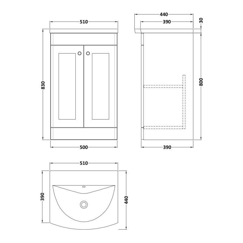 Classique 510mm Single Bathroom Vanity with Drop In Vitreous China Basin, Satin White