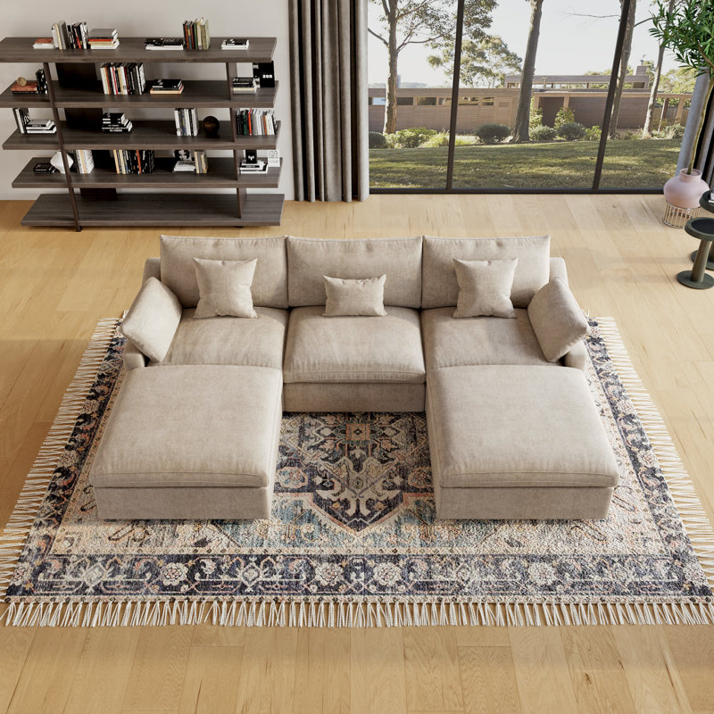Elowen U-Shaped Modular Sectional Plush Sofa With Movable Ottoman, Kaki