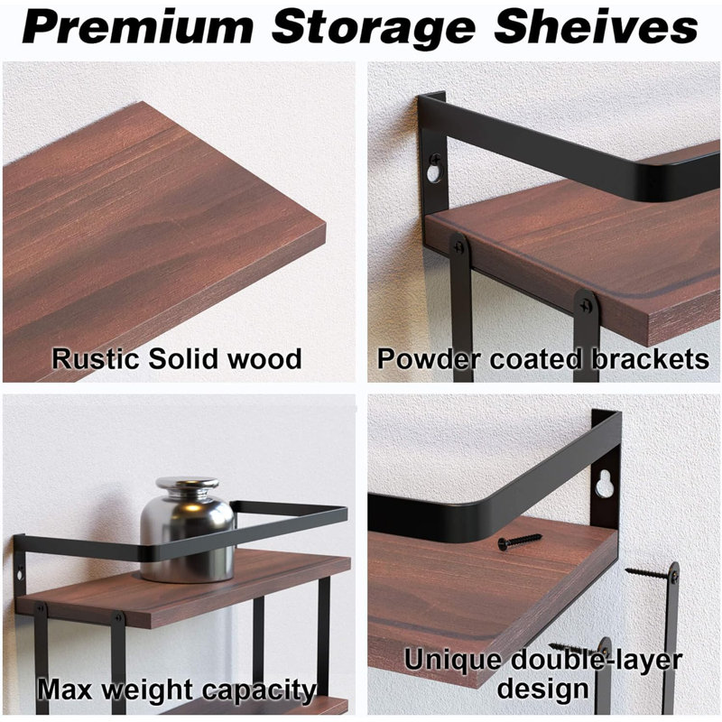 3 Piece Floating Shelf with Towel Bar, Dark Brown