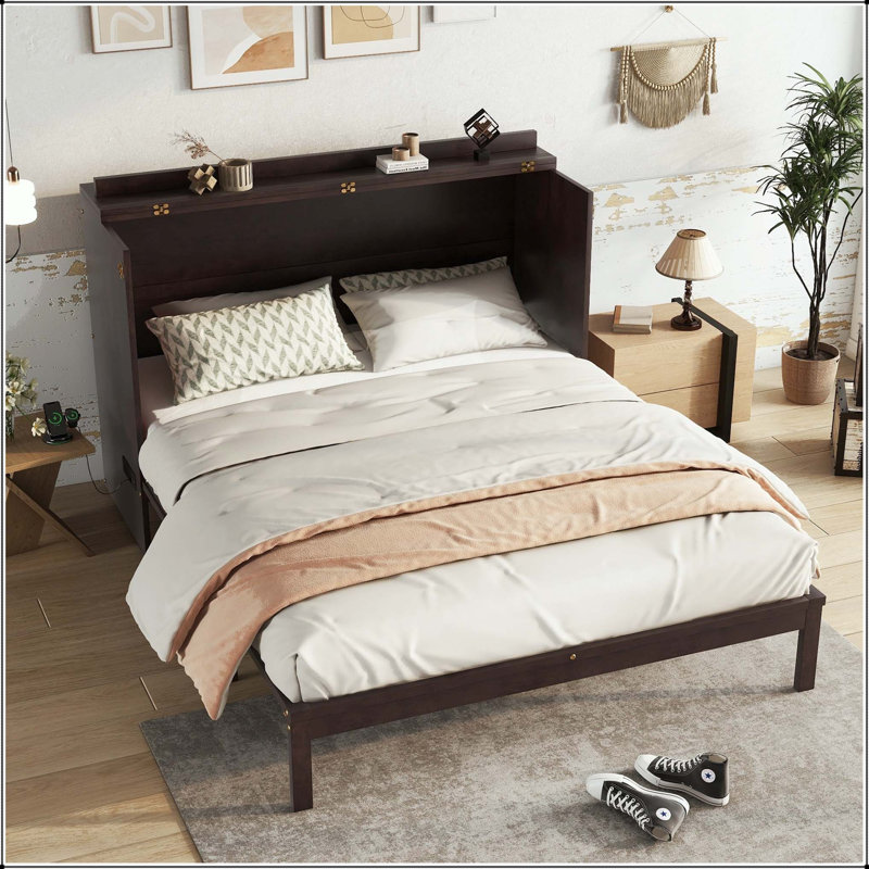Grand lit escamotable - Armoire lit en bois de pin avec centrale électrique et panneau en rotin, Espresso