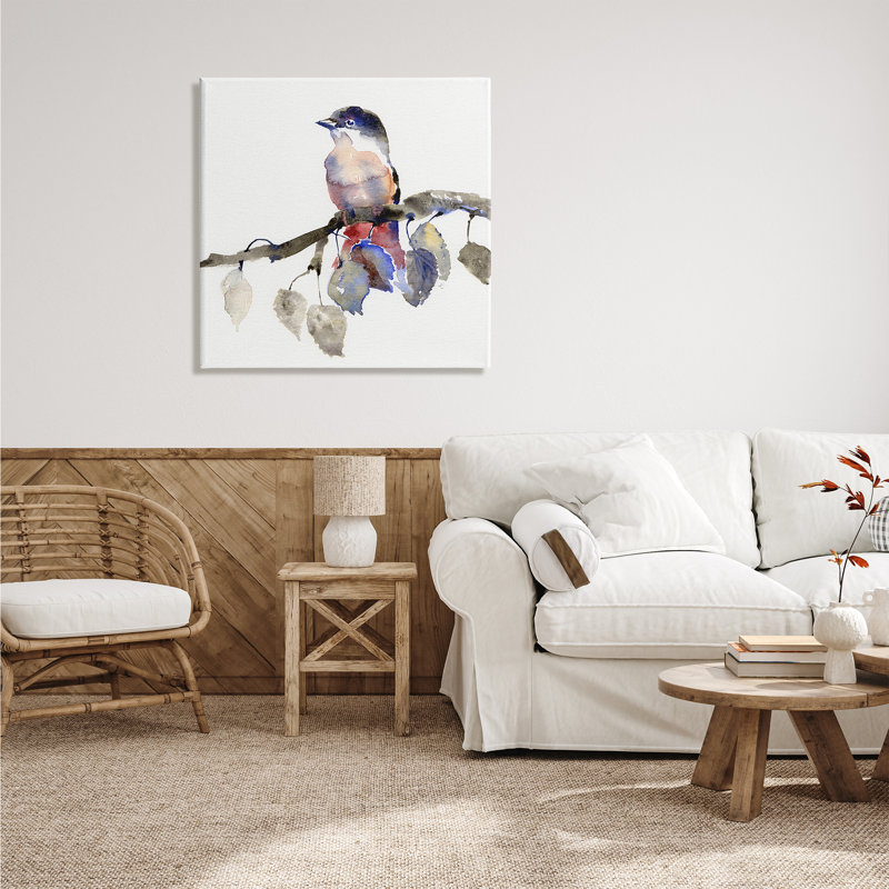 Chanson d'oiseau perché sur une branche de feuille d'automne bleue par Verbrugge Watercolor - impression sur toile non encadrée