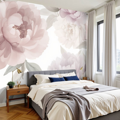 Peel and Stick Wallpaper Soft Floral Peonies Light Pastel Shades Wall Murals 100"H x 144"W Removable PVC Wall Paper Self-Adhesive Wall Decor for Nursery Bedroom Living Room Home Office