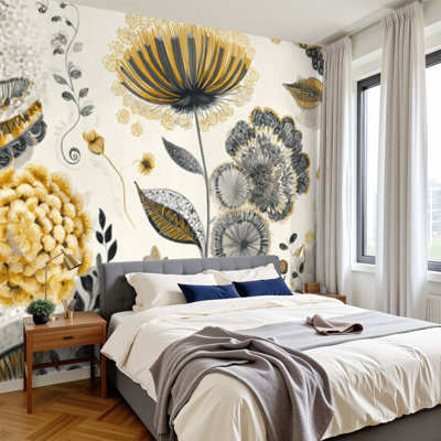 Peel and Stick Wallpaper Scandinavian Dandelion Floral Nordic Vintage Mid Century Wall Murals 100"H x 144"W Removable PVC Wall Paper Self-Adhesive Wall Decor for Bedroom Living Room Home Office