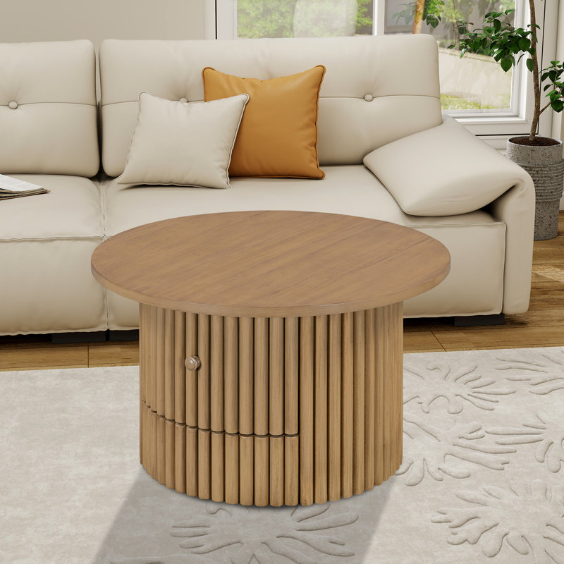 Round Farmhouse Coffee Table With A Drawer, Natural Wood