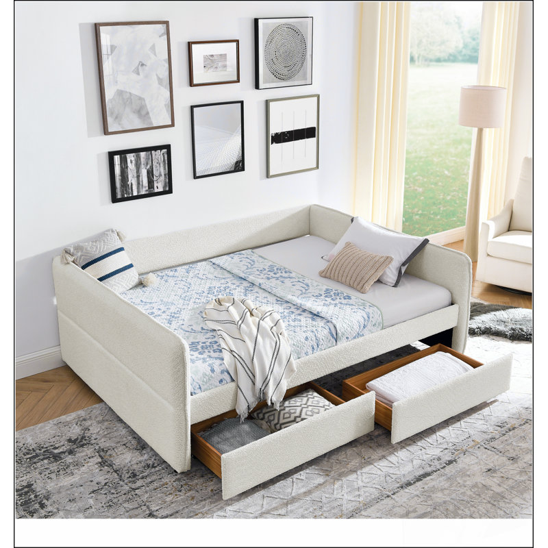 Grand lit beige avec rangement intégré et support ergonomique, parfait pour le confort moderne et l'organisation, Grand lit