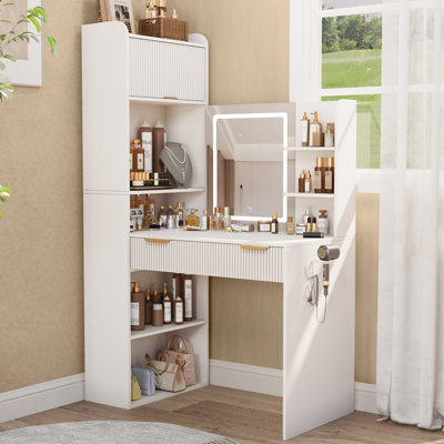 63in Makeup Vanity Desk With Mirror And Lights, Corner Vanity Desk