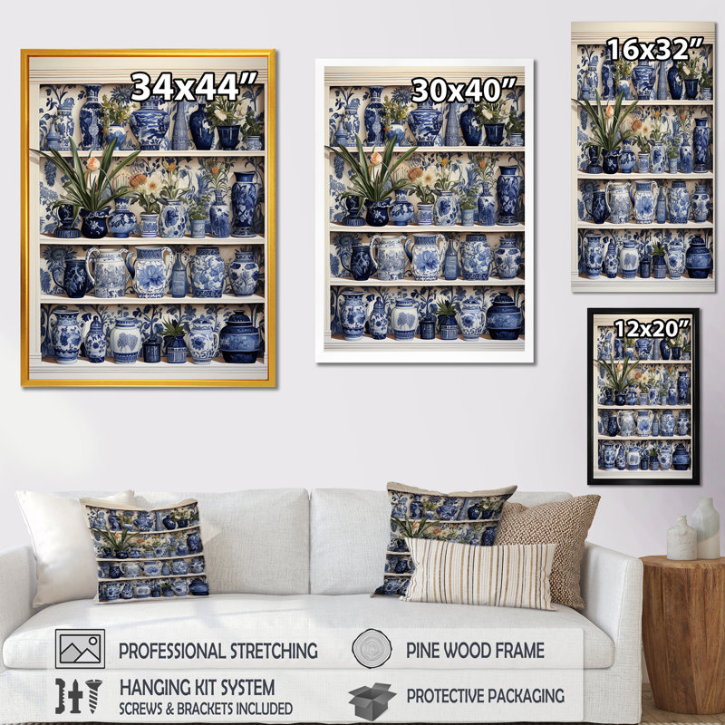 «Blue Boho Plant Pottery I», art mural Boho, Cadre simple argenté, H 40 po x l 30 po x P 1,5 po
