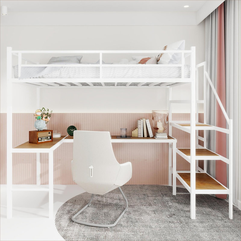 Lit mezzanine simple en fer avec un bureau intégré en forme de L et des escaliers de rangement intégrés, blanc éclatant