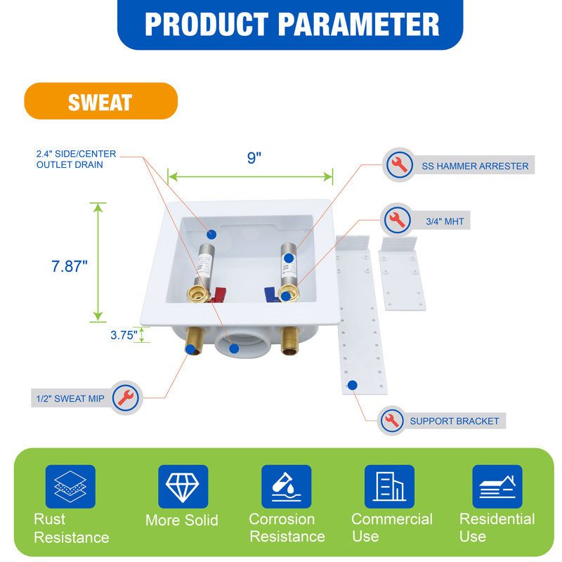 Boîte de sortie de machine à laver avec arrêt de marteau à eau SS 1/2 "MIP connect