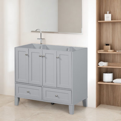 36'' Solid Wood Frame Bathroom Vanity With Storage, Adjustable Shelves, And Soft-closing Doors & Drawers, Freestanding Vanity Cabinet Without Countertop