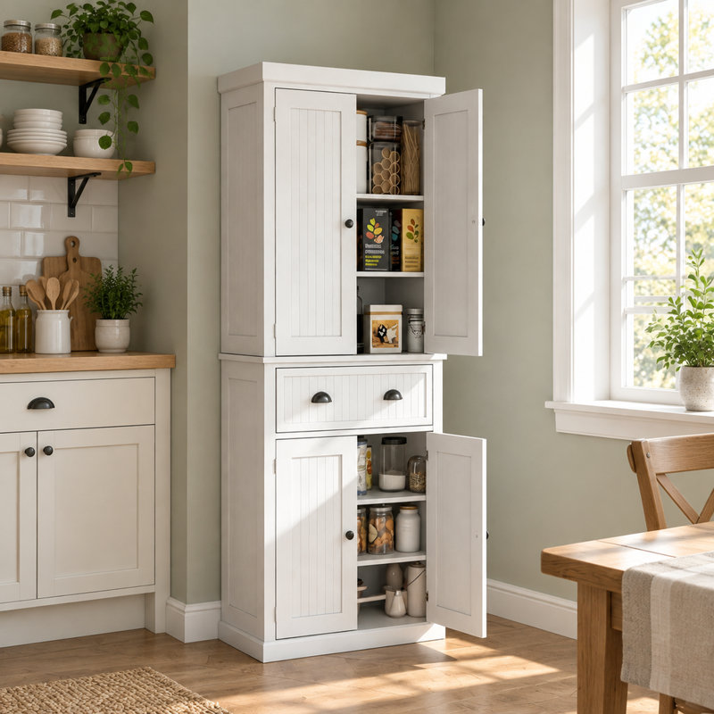 Armoire de rangement blanche autoportante avec tablettes réglables et tiroir, 76,5 cm (L) x 40,4 cm (P) x 183 cm (H)