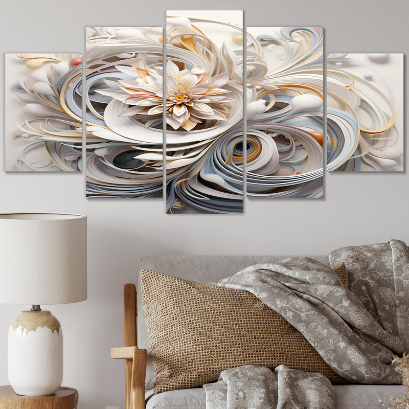 White Blossoming Spring Fractal Flowers II - Fractals Canvas Wall Art - 5 Panels