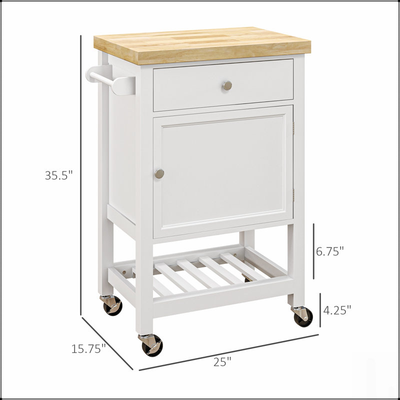 Chariot de cuisine utilitaire, îlot roulant avec plateau en bois d'hévéa lisse, surface de bloc de boucher étroite et options de rangement spacieuses