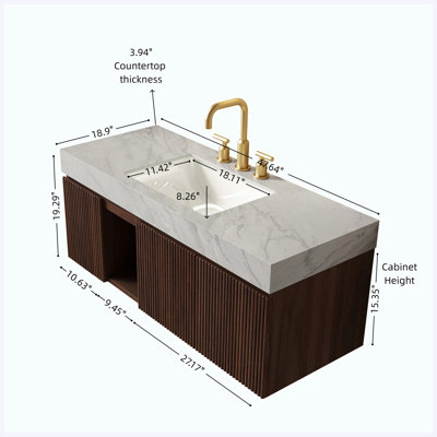 Meuble-lavabo suspendu de salle de bain de 122 cm (48 po) en imitation bois de noyer avec lavabo, dessus en pierre frittée couleur crème veinée or, lavabo en céramique et 1 trou pour robinet (robinet et bonde non inclus).