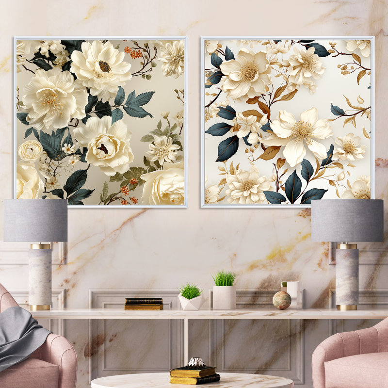 Anjou délicat d'inspiration botanique - ensemble de collage carré floral de 2, Cadre flottant blanc, H 30 po x l 61 po