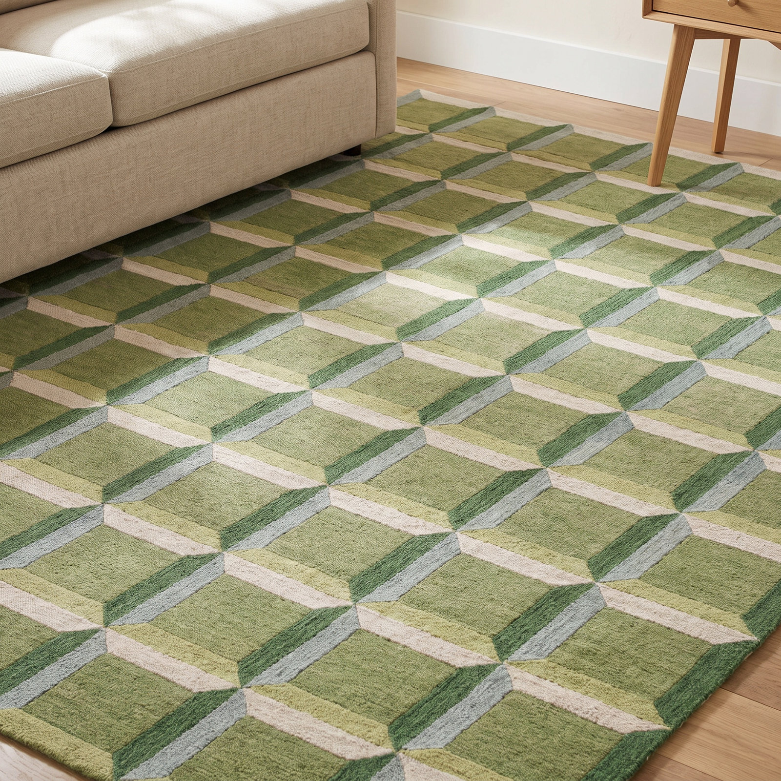 Giedre Green Beige Hand-Tufted Wool Rug, Rectangle 11' x 15'