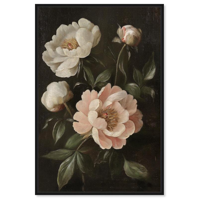 Pivoines blanches sur fond foncé II , Structure noire, H 55 po x l 37 po