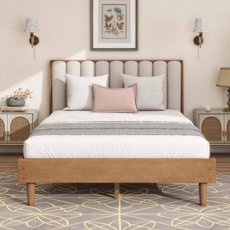 Grand lit en bois avec tête de lit tapissier et cadre renforcé - conception minimaliste blé, Grand lit