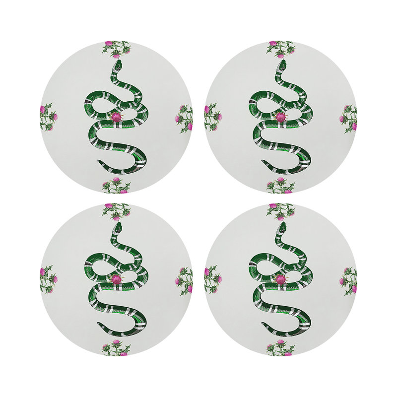 Thistle And Snake Pink Vegan Leather Round Coasters, Pink White
