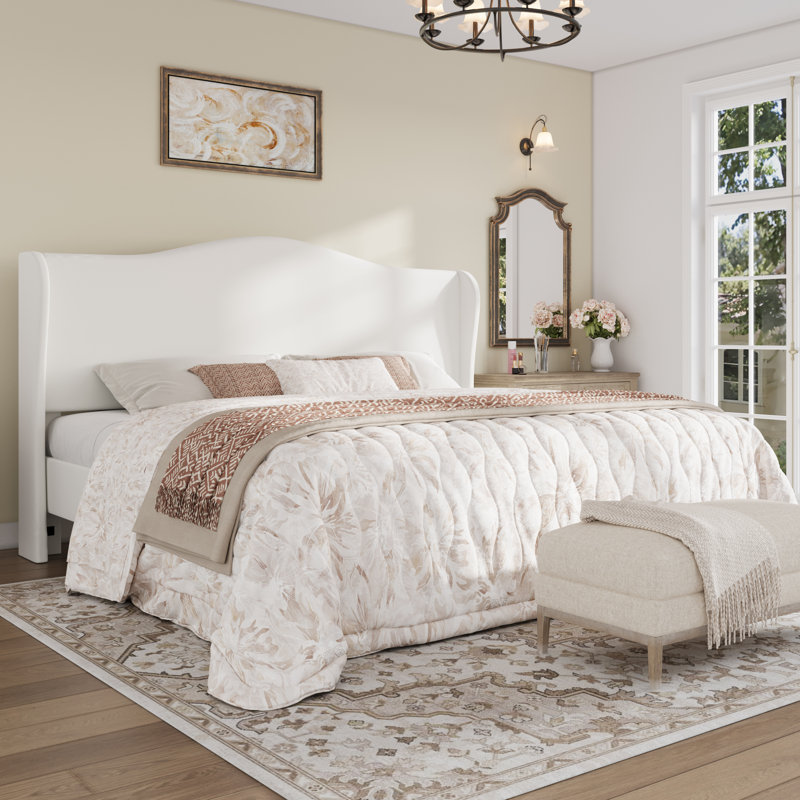 Velvet Crown Wingback Upholstered Bed With Headboard, Full/Queen/King,No Box Spring Needed, White, King