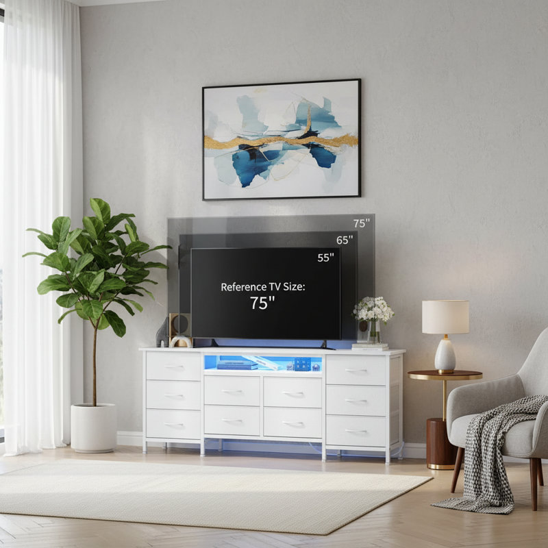 10 Fabric Drawers Long Dresser, Up To 75 Inch Tvs, White