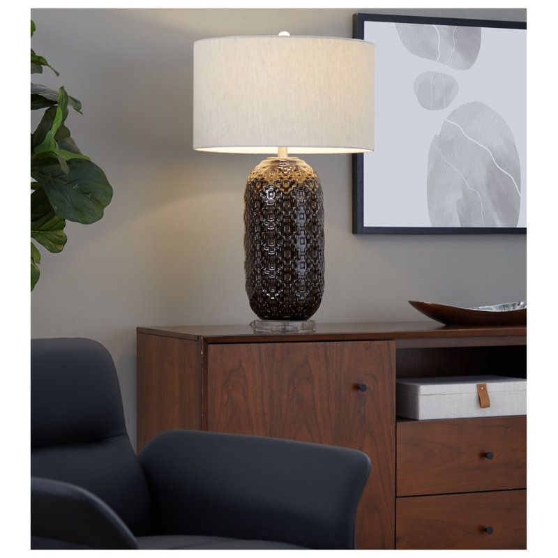 Lampe de table 30 po contemporaine en céramique craquelée gris foncé avec base en cristal transparent et abat-jour tambour en lin