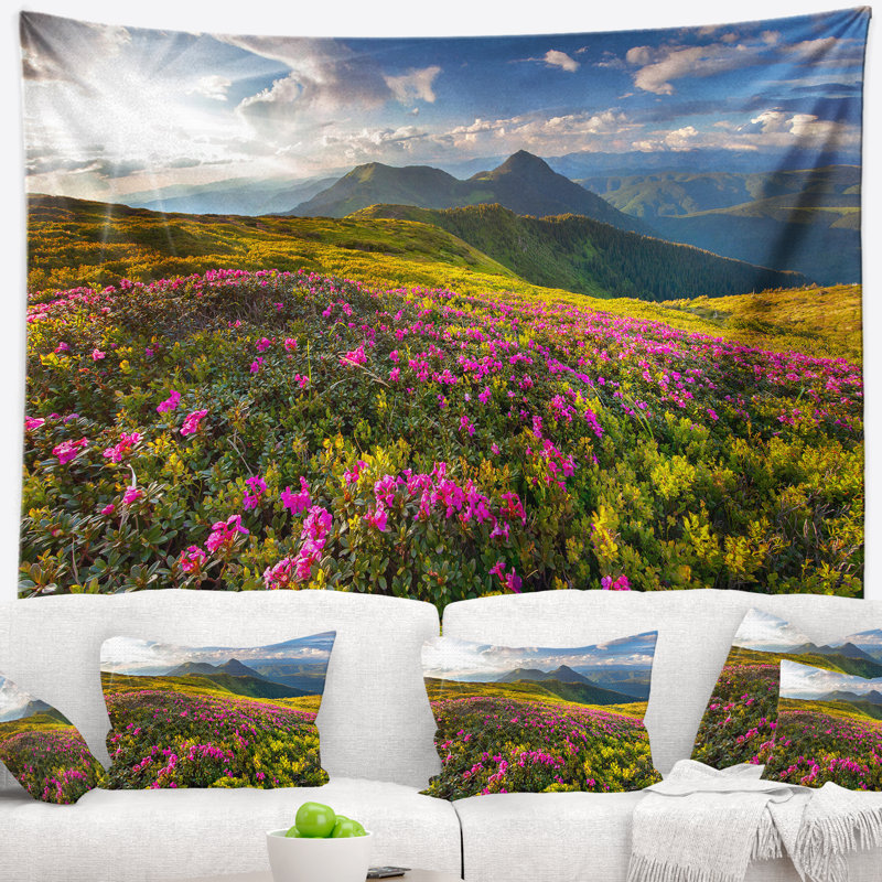 Paysage, été, tapisserie de fleurs de rhododendrons, H 32 po x l 39 po