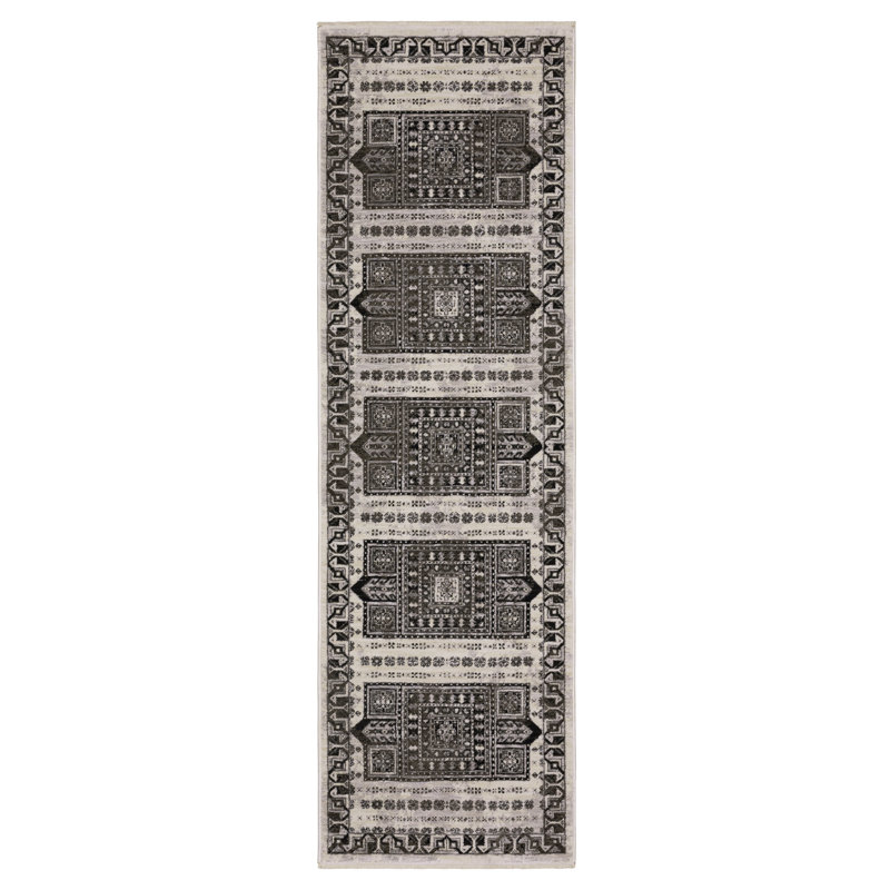 Tapis oriental noir / ivoire Aldred, Tapis de couloir 2 pi 3 po x 7 pi 6 po