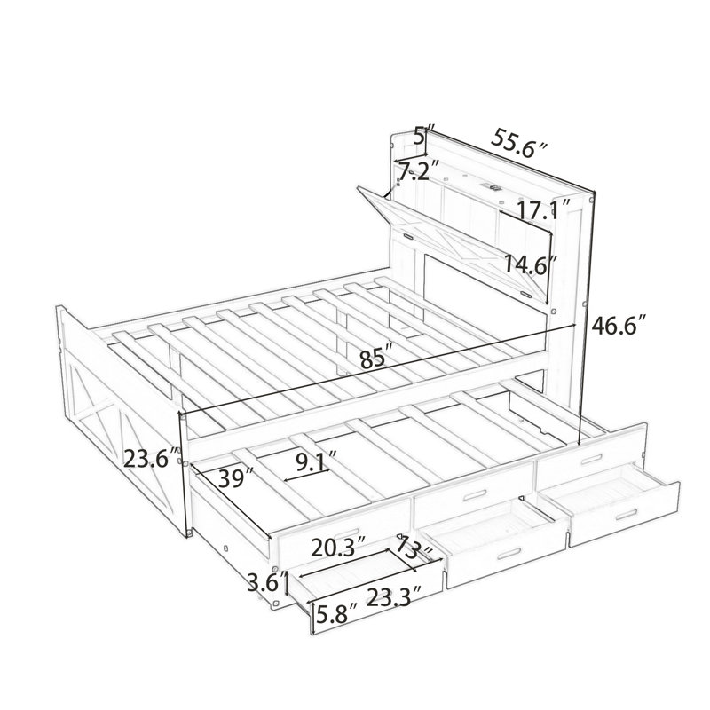Wood Bed with Storage Headboard,Outlets,Twin Trundle and Three Drawers, Full, White