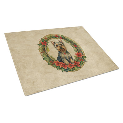 Silky Terrier Christmas Flowers Glass Cutting Board
