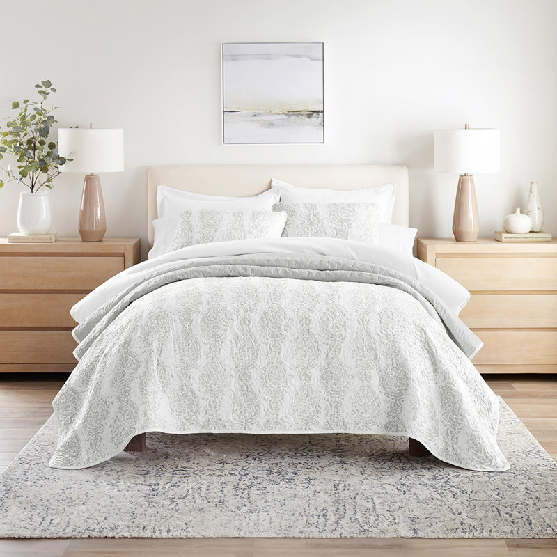 Ensemble de couvre-lit courtepointe en microfibre réversible à motif toutes saisons en damas classique, Gris