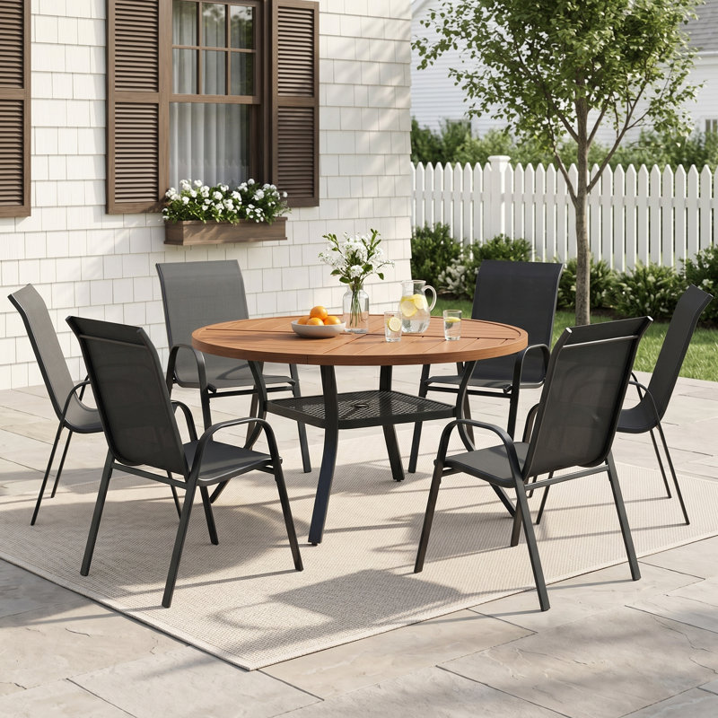 Ensemble de salle à manger de patio 6 personnes avec chaises empilables Textilene, Bois brossé brun / noir