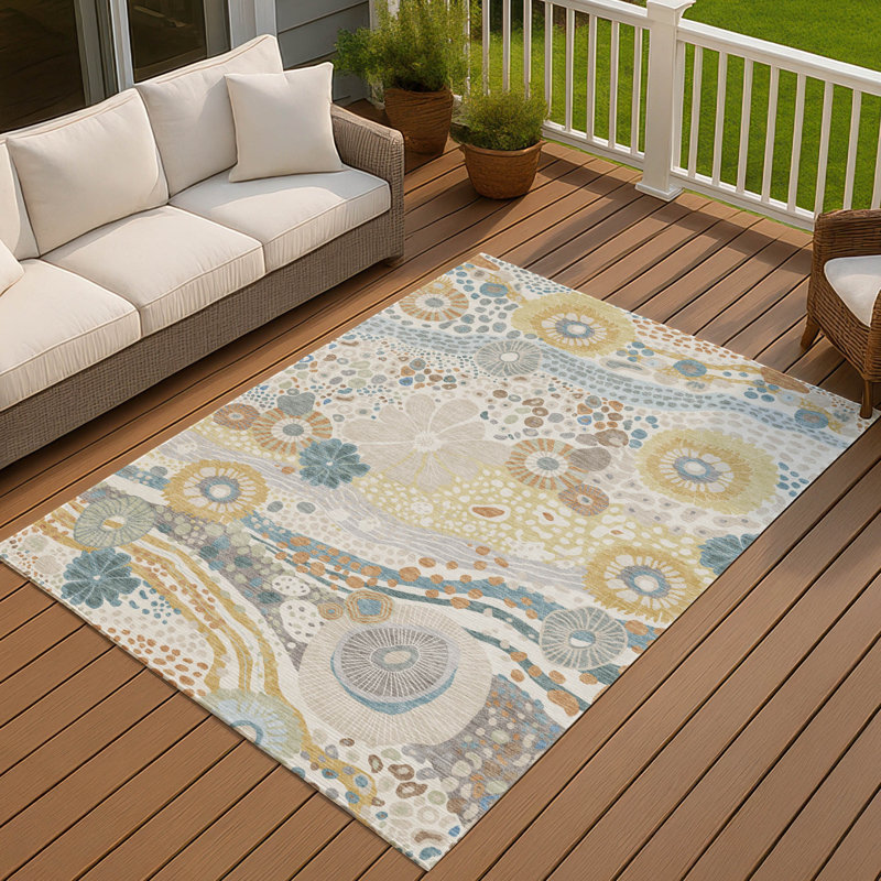 Machine Washable Indoor/Outdoor Chantille ACN2498 Floral Rug, Ivory, 10' x 14'
