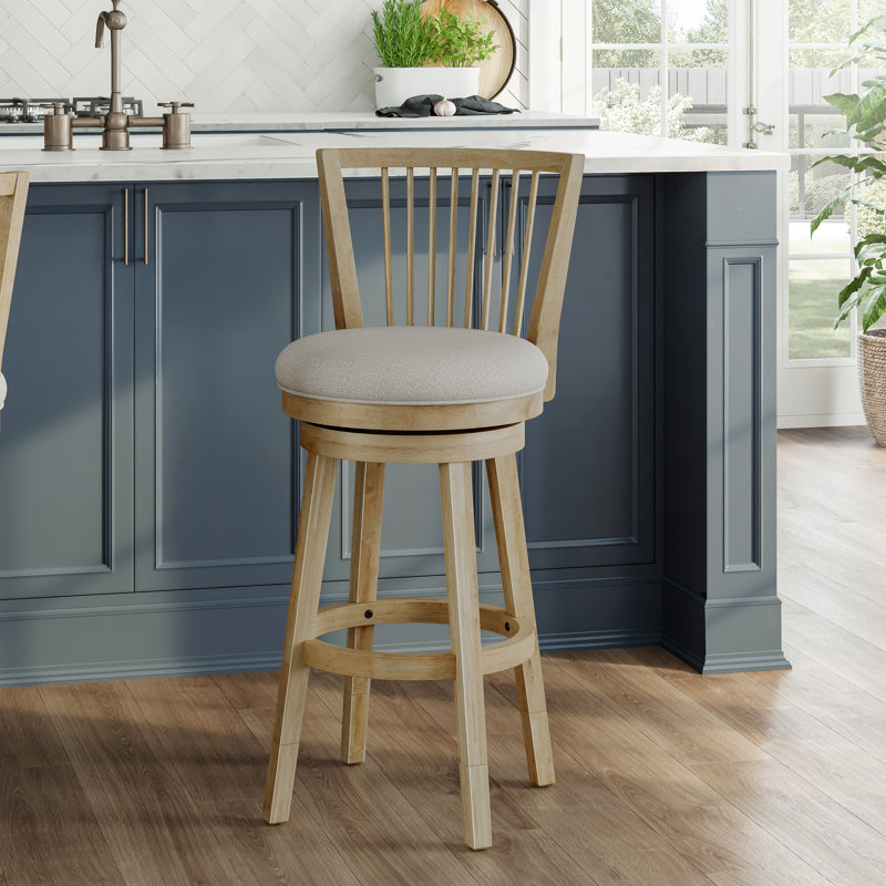 Wood Swivel Windsor Adjustable Stool, Natural Oak With Greige Fabric